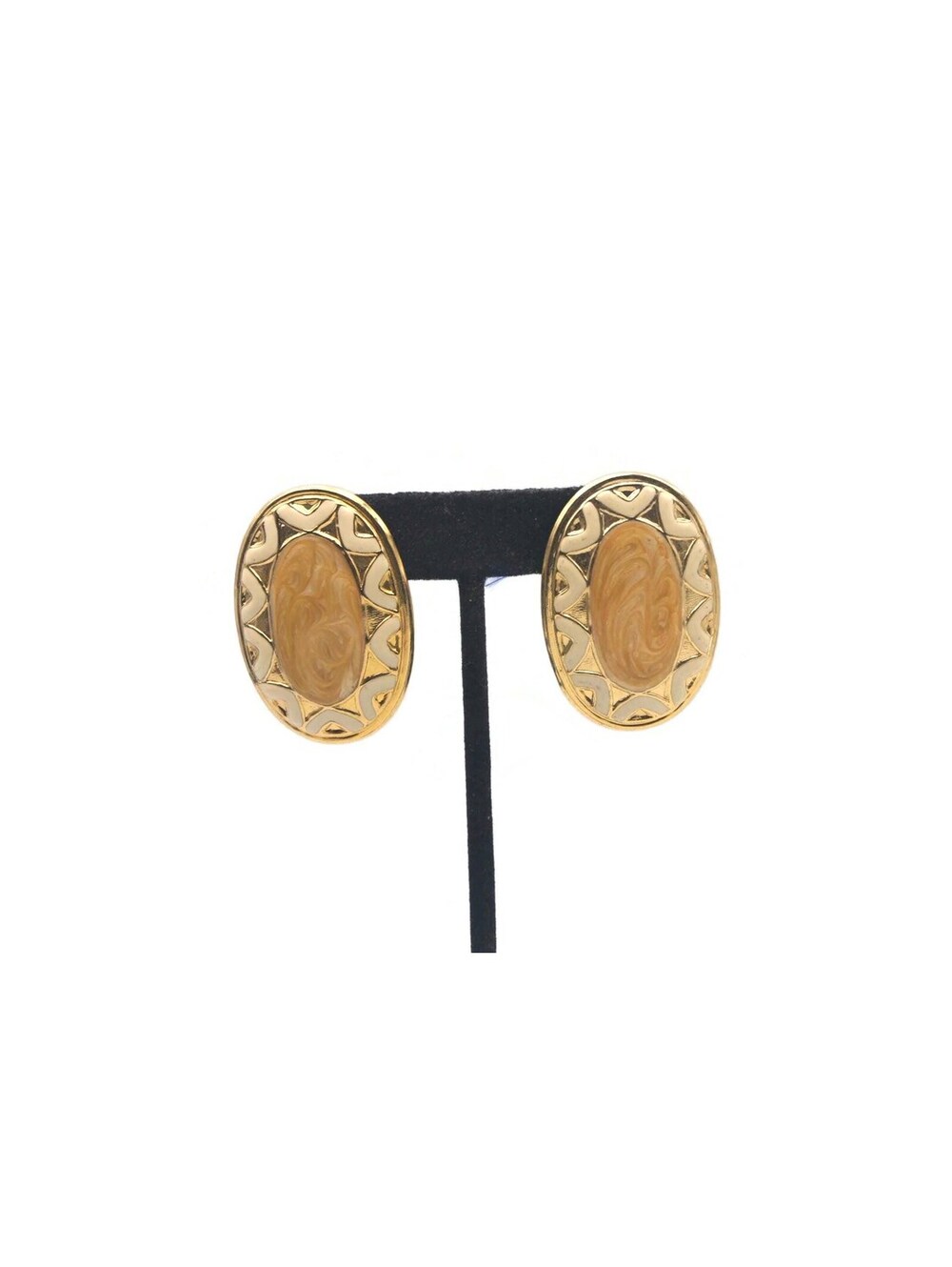 Vintage Gold Tone, White and Yellow Enamel Oval Stud Earrings.